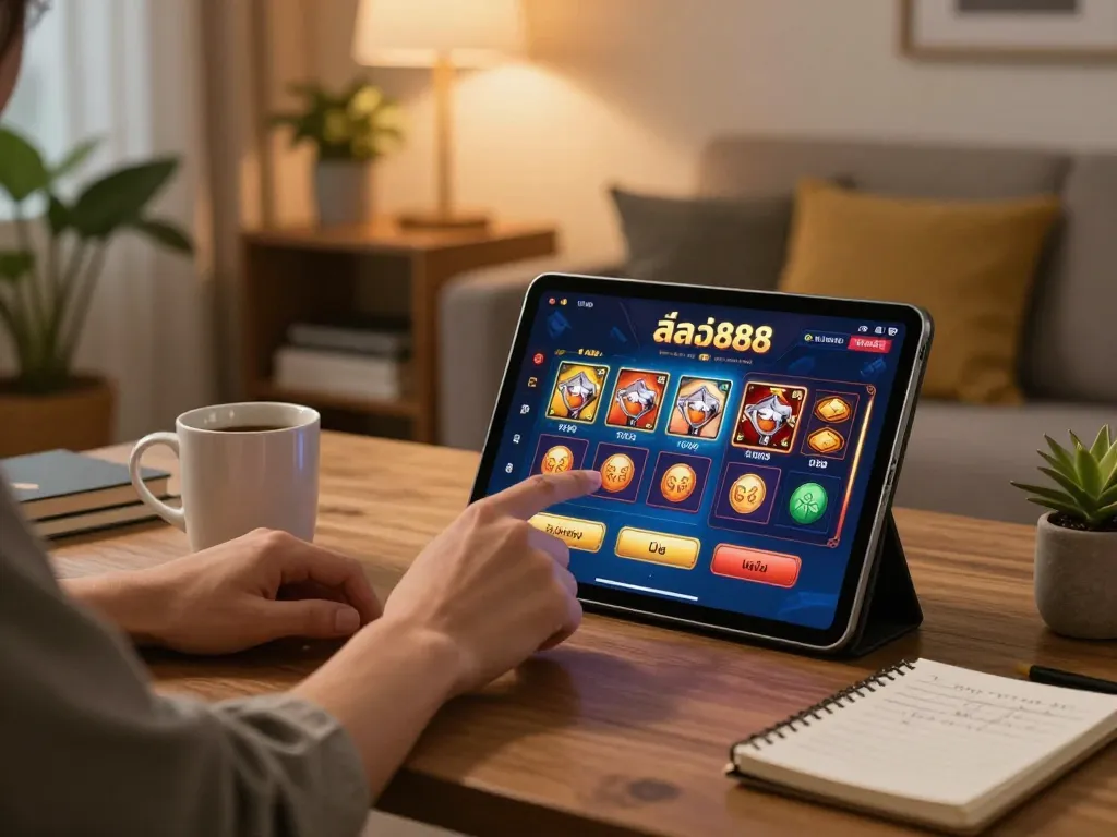 Engaging in สล็อต888 gameplay on a tablet in a cozy home environment