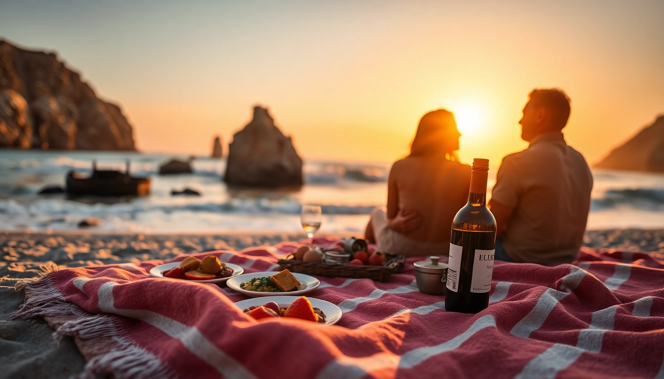 Couple enjoying a romantic picnic during sunset, ideal for romantic excursions in Cabo.