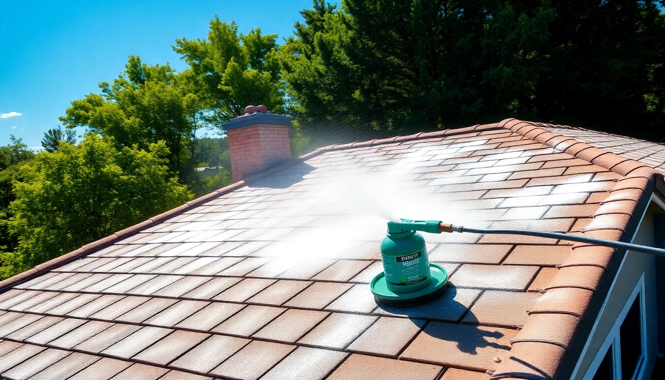 Roof cleaning in progress, showcasing professional soft washing techniques for a gleaming finish.