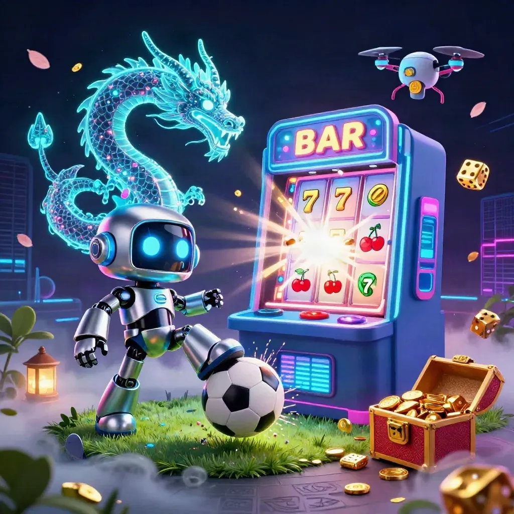 Cyberpunk robot, holographic dragon and coin drone burst around a soccer ball and slot machine.