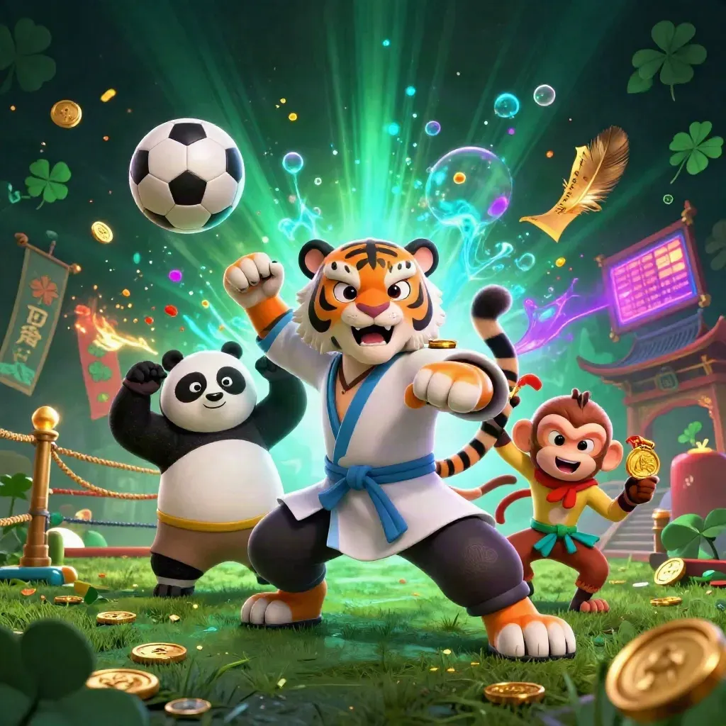 Kung-fu tiger, panda, and monkey amid flying sports gear, coins, and neon casino light.