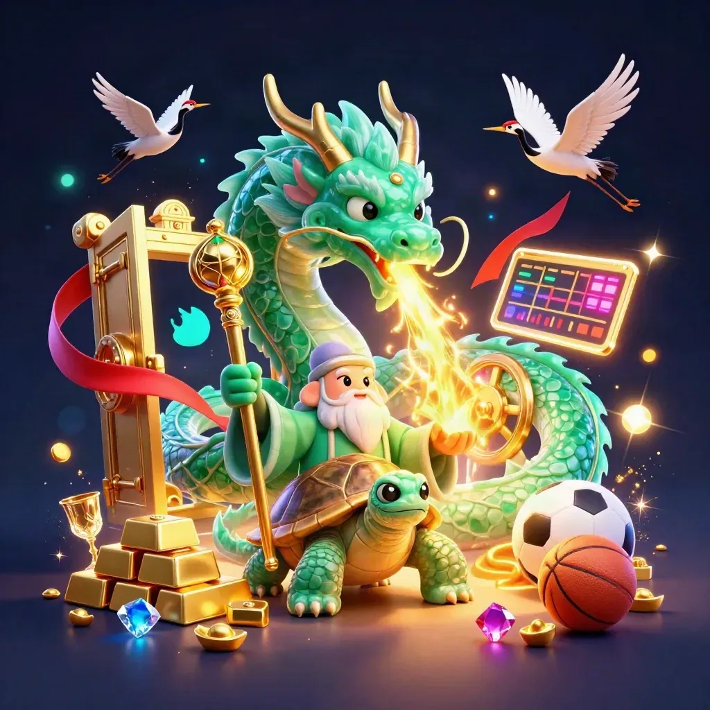 Jade dragon, turtle sage, and cranes amid treasure, gems, and casino glow on a dark neon backdrop
