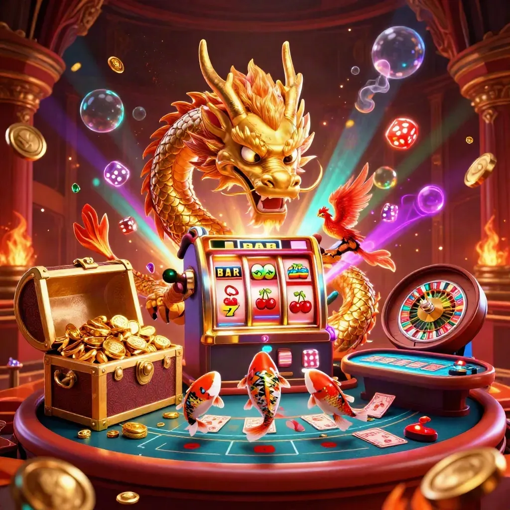 Dragon, phoenix, koi, slots, dice, roulette, and glowing casino treasure in one cinematic scene.
