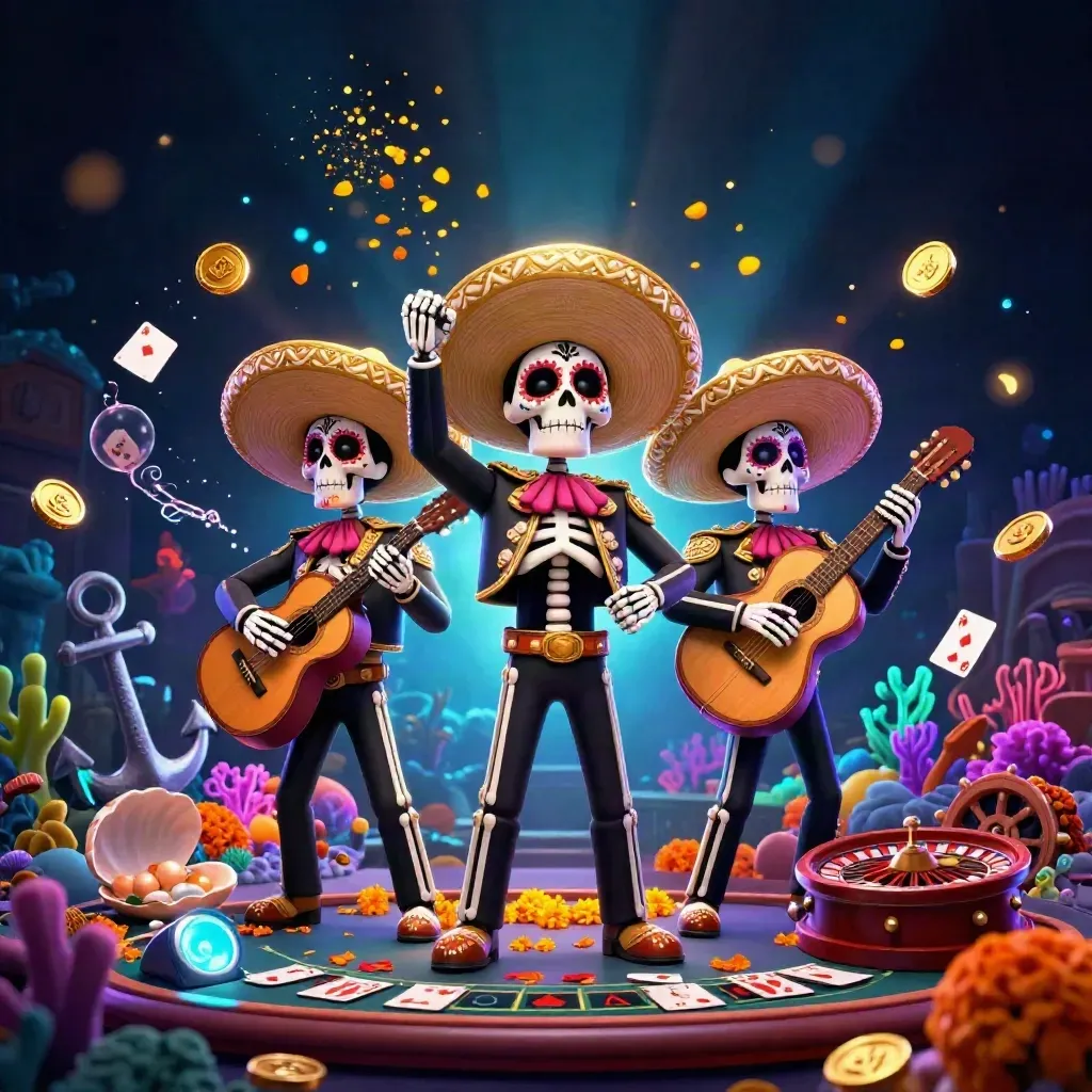 Skeleton mariachi trio in a neon casino treasure cove with coins, coral, and glowing dealer lights.