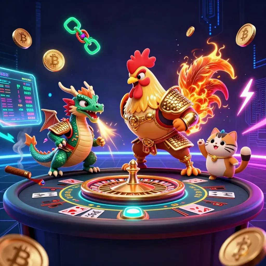 Rooster samurai, dragon hatchling, and fortune-cat amid a neon roulette table and casino glow.