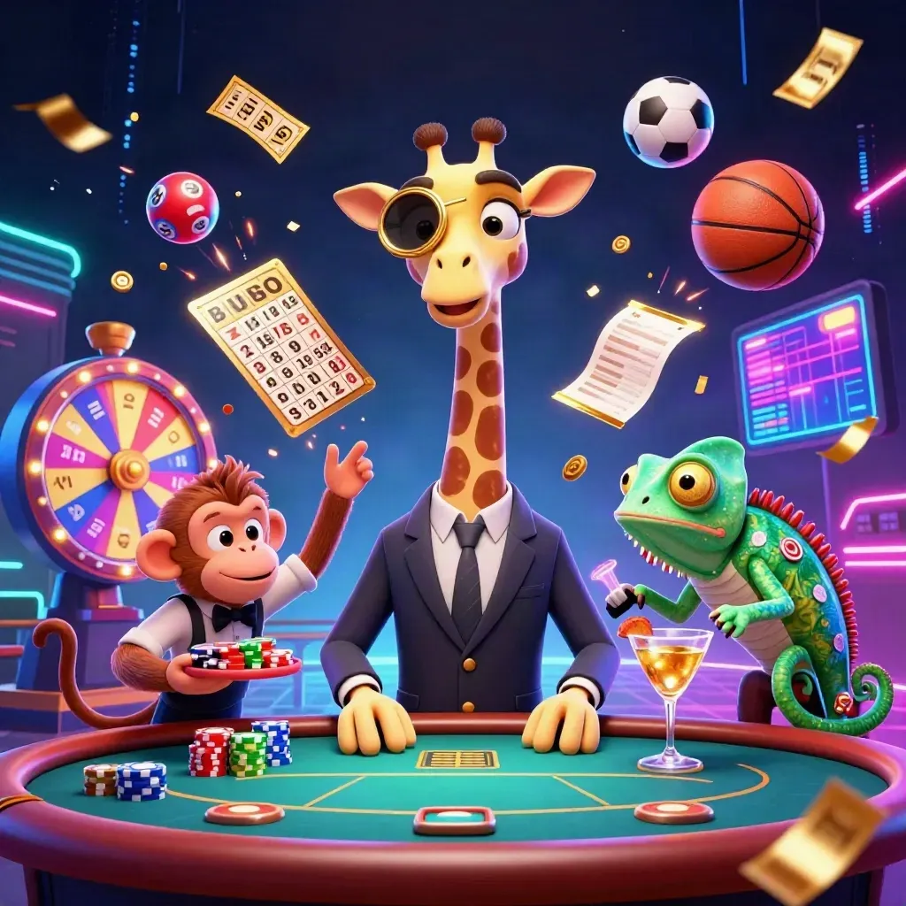 High-roller giraffe, monkey valet and chameleon bartender amid neon casino-sports chaos.