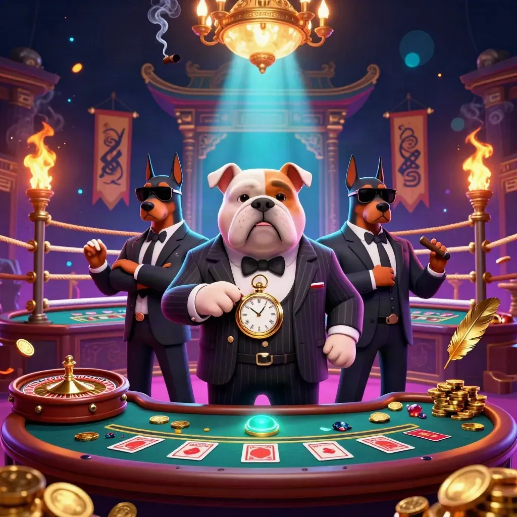 Cartoon bulldog boss with two Dobermans in a torch-lit casino temple amid coins and smoke