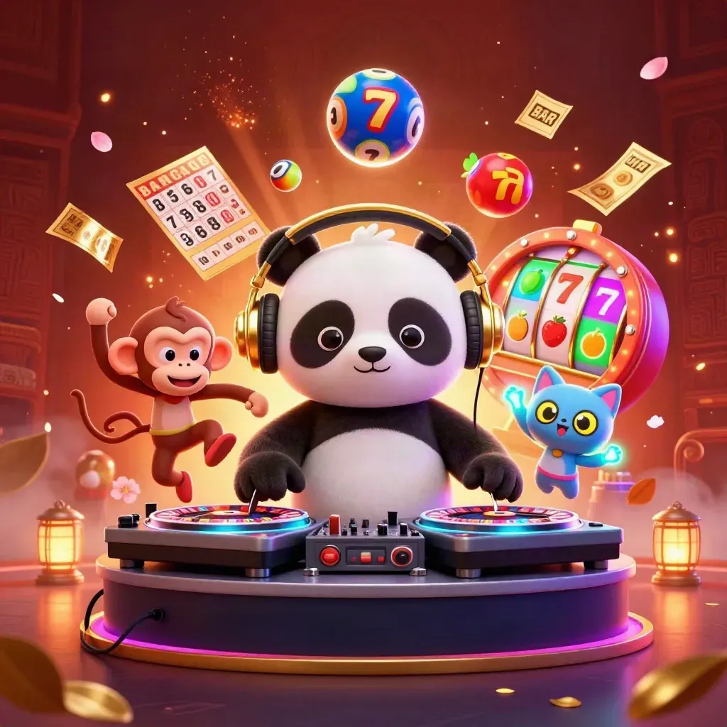 DJ panda, monkey and rave kitten blast casino loot amid neon cyan sparks