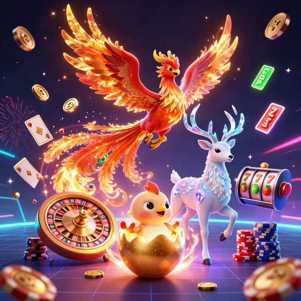 Fire phoenix, hatchling, and crystal stag amid casino coins, gems, chips, cards, and neon grid.