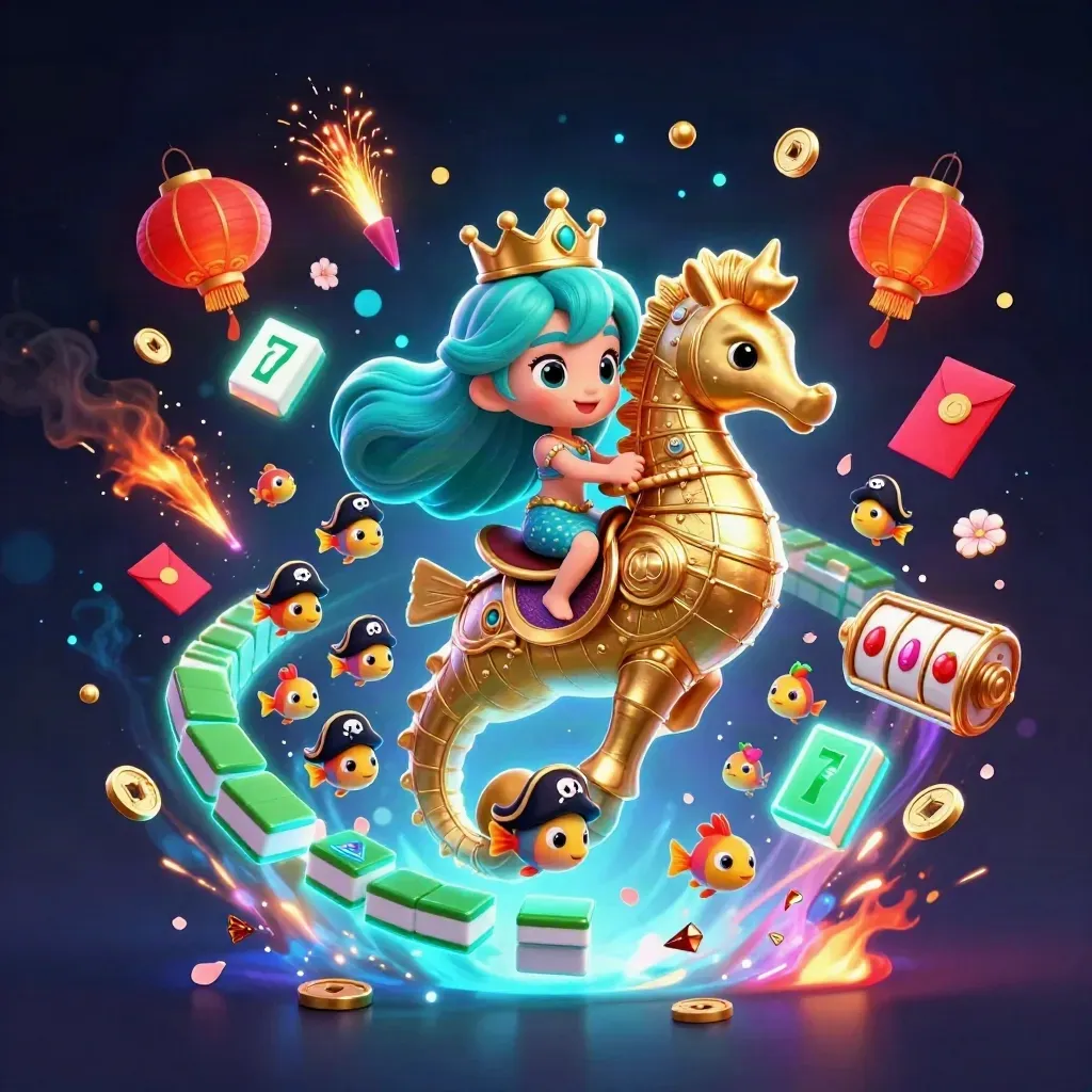 Mermaid princess on a golden seahorse amid casino charms, tiles, lanterns, coins, and glowing treasure