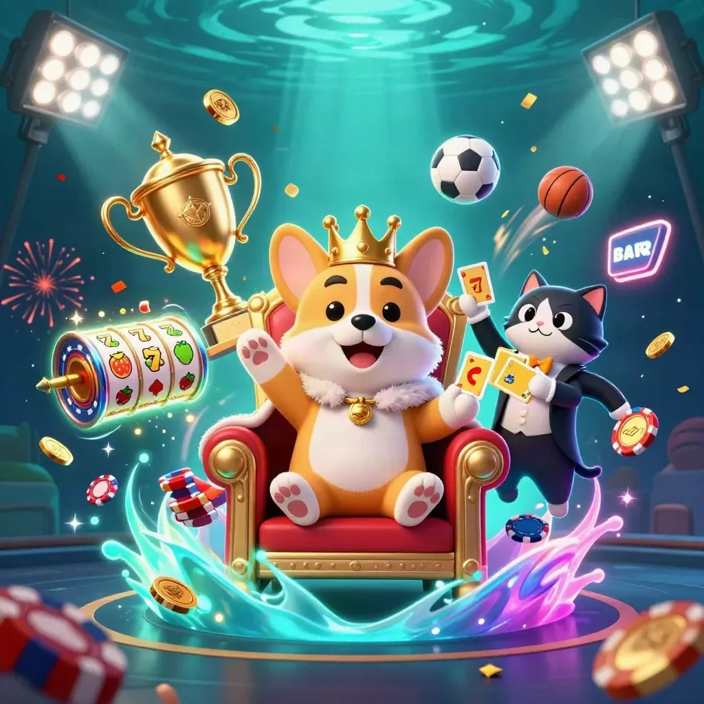 Royal corgi on chip throne with cat butler, casino loot and sports balls bursting in neon underwater light.