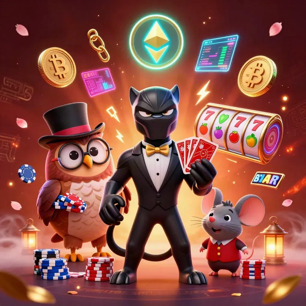 Panther dealer, owl chipmaster, and mouse with casino effects in neon fantasy key art.