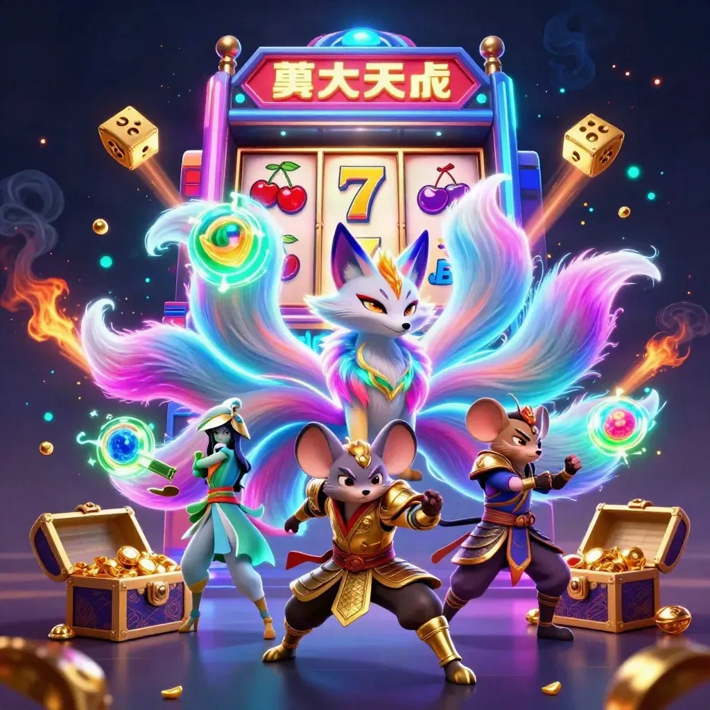 Neon fox spirit and armored mouse erupting from a jackpot slot machine with gold and gems