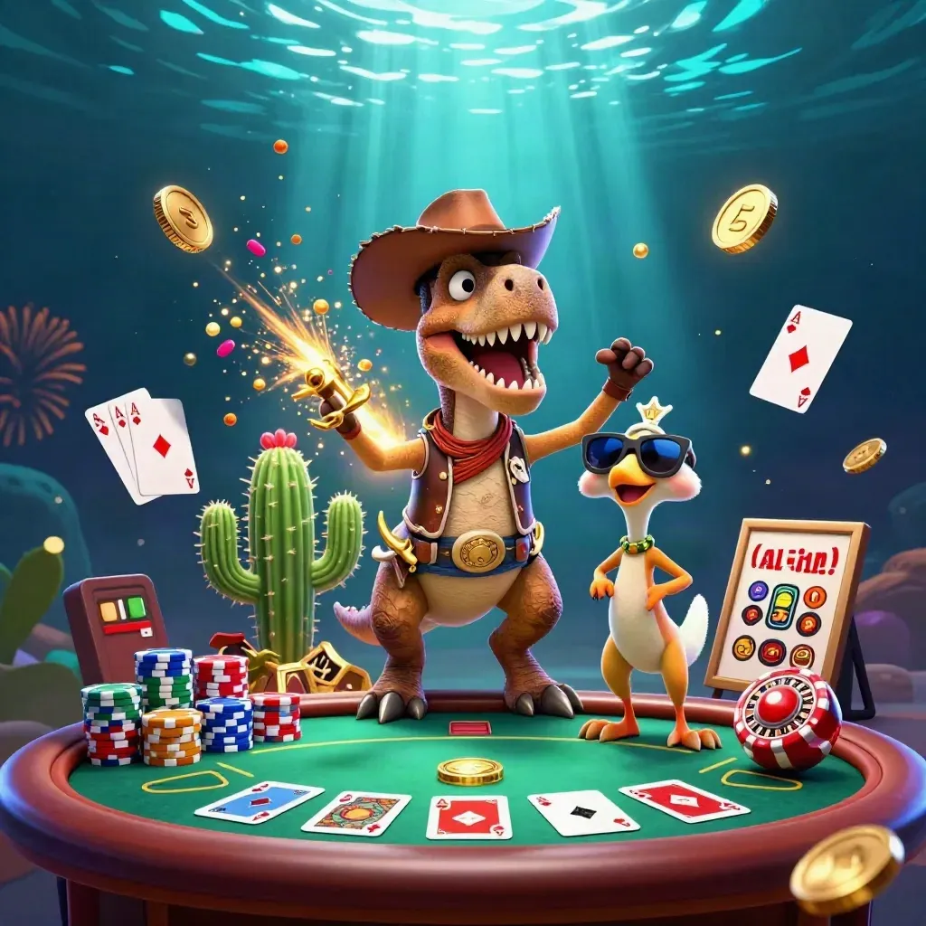 Cowboy T-Rex, cactus and roadrunner amid casino chips, cards, coins, and fireworks