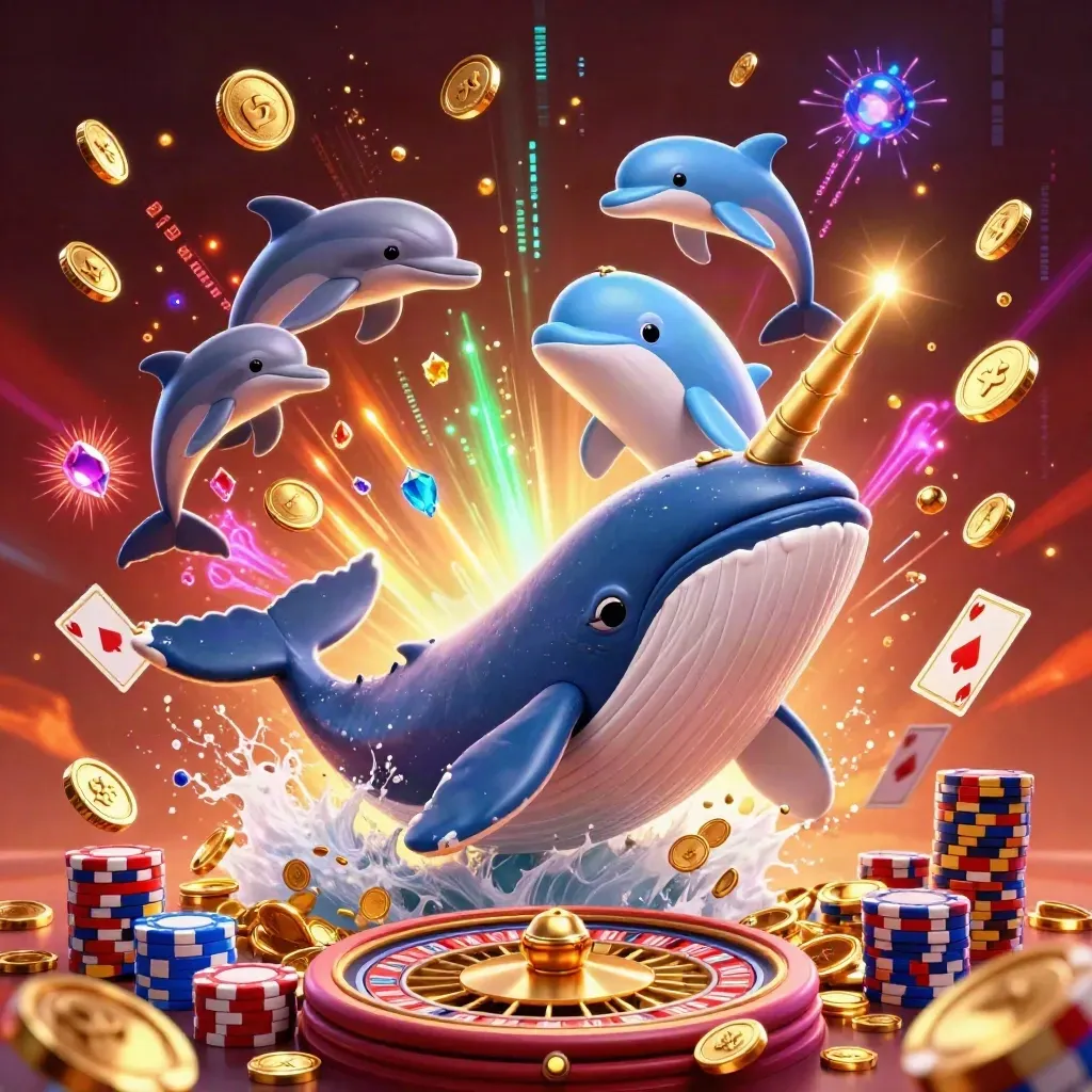 Whale captain, narwhal, and dolphins celebrate amid coins, chips, cards, fireworks, and neon casino effects.