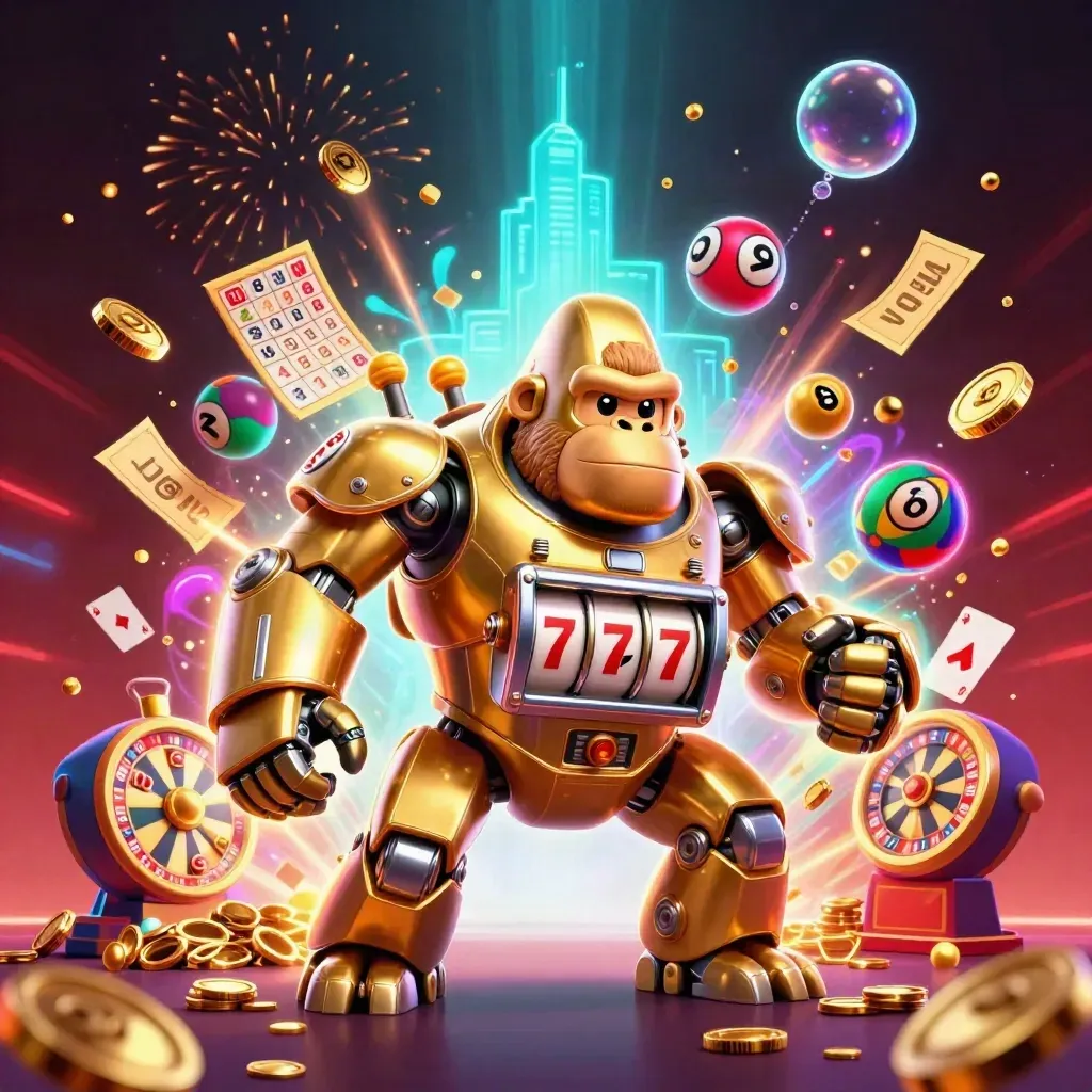 Golden gorilla slot mech with monkey pilot, coins, reels, lottery balls, fireworks, and neon casino glow.