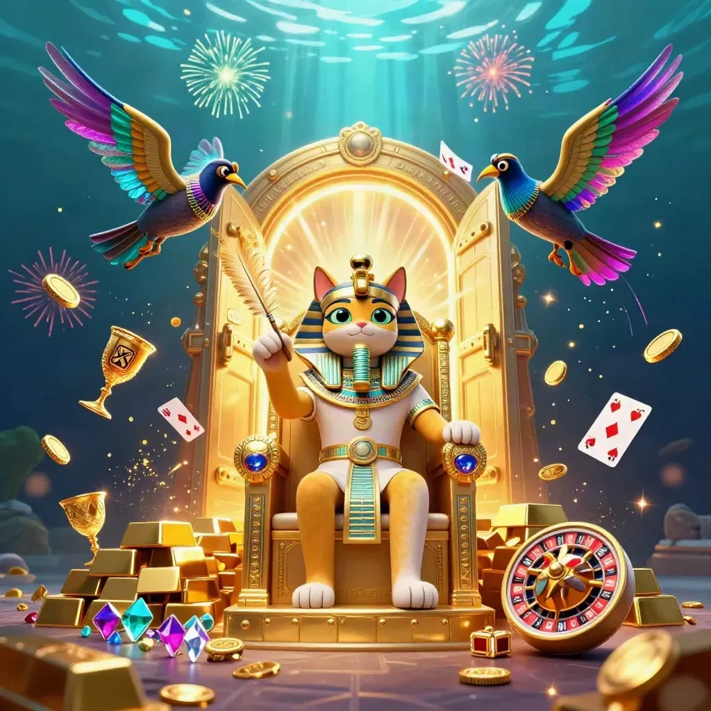 Pharaoh cat, ibis scribe, and gem-wing scarabs burst from a golden vault amid coins and fireworks.