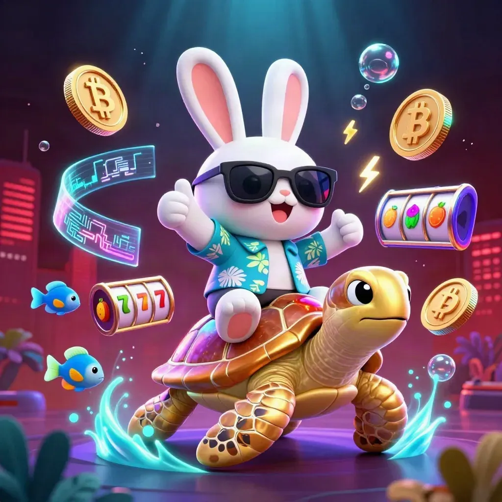 Lucky rabbit rides a gem turtle amid casino symbols, coins, and neon underwater glow