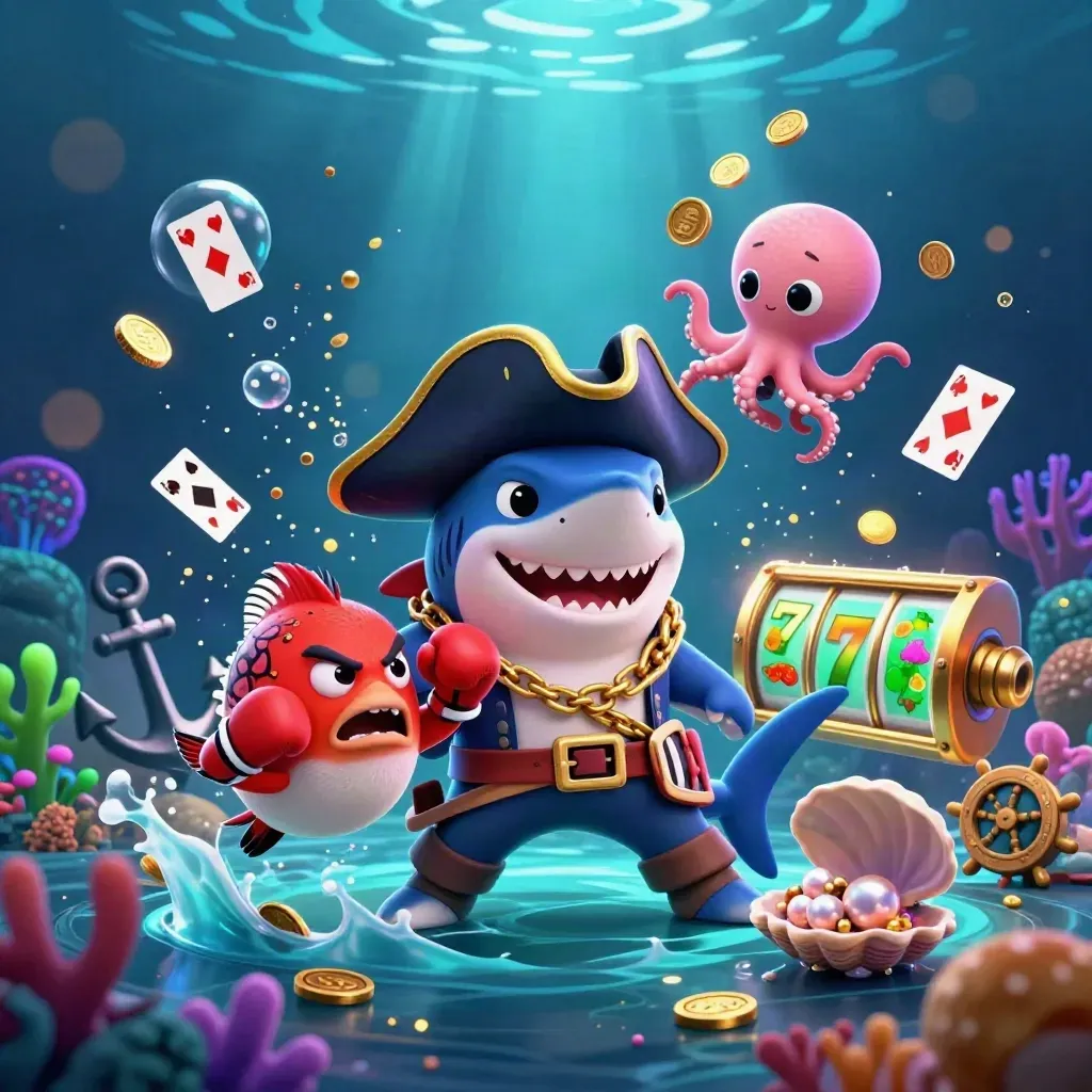 Shark pirate, boxing pufferfish, and juggling octopus amid glowing underwater casino treasure.