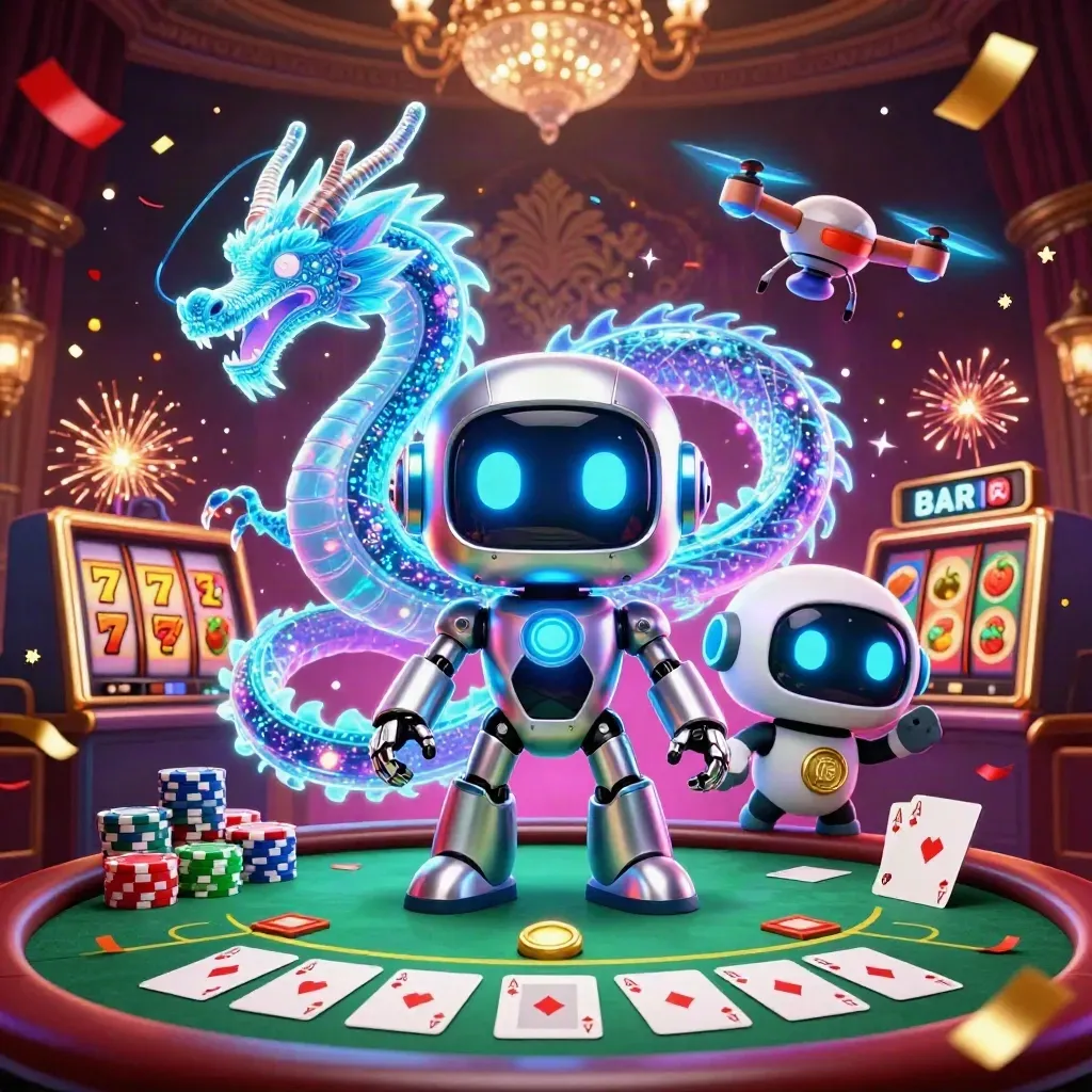 Cyberpunk robot, holographic dragon, and coin drone amid casino cards, chips, reels, and neon effects.