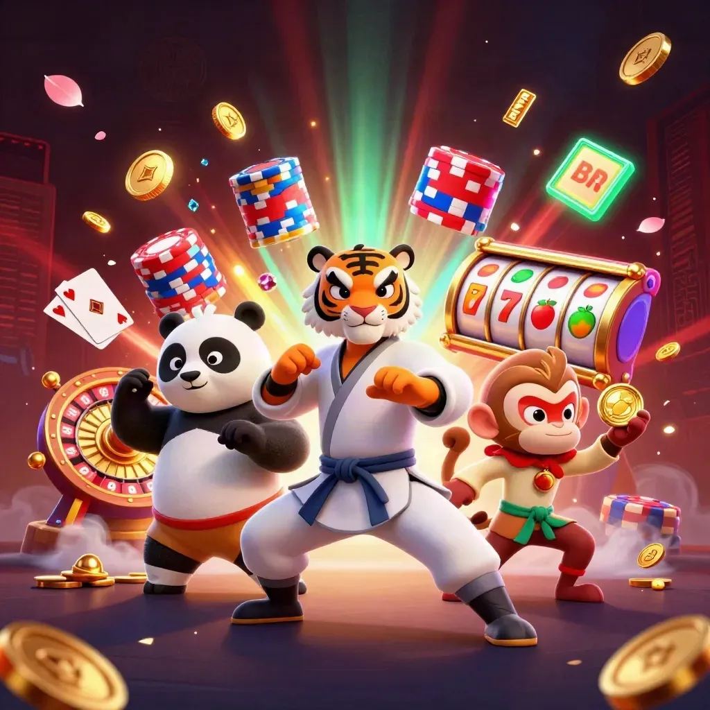 Kung-fu tiger, panda, and monkey amid casino coins, roulette, chips, and neon magic.