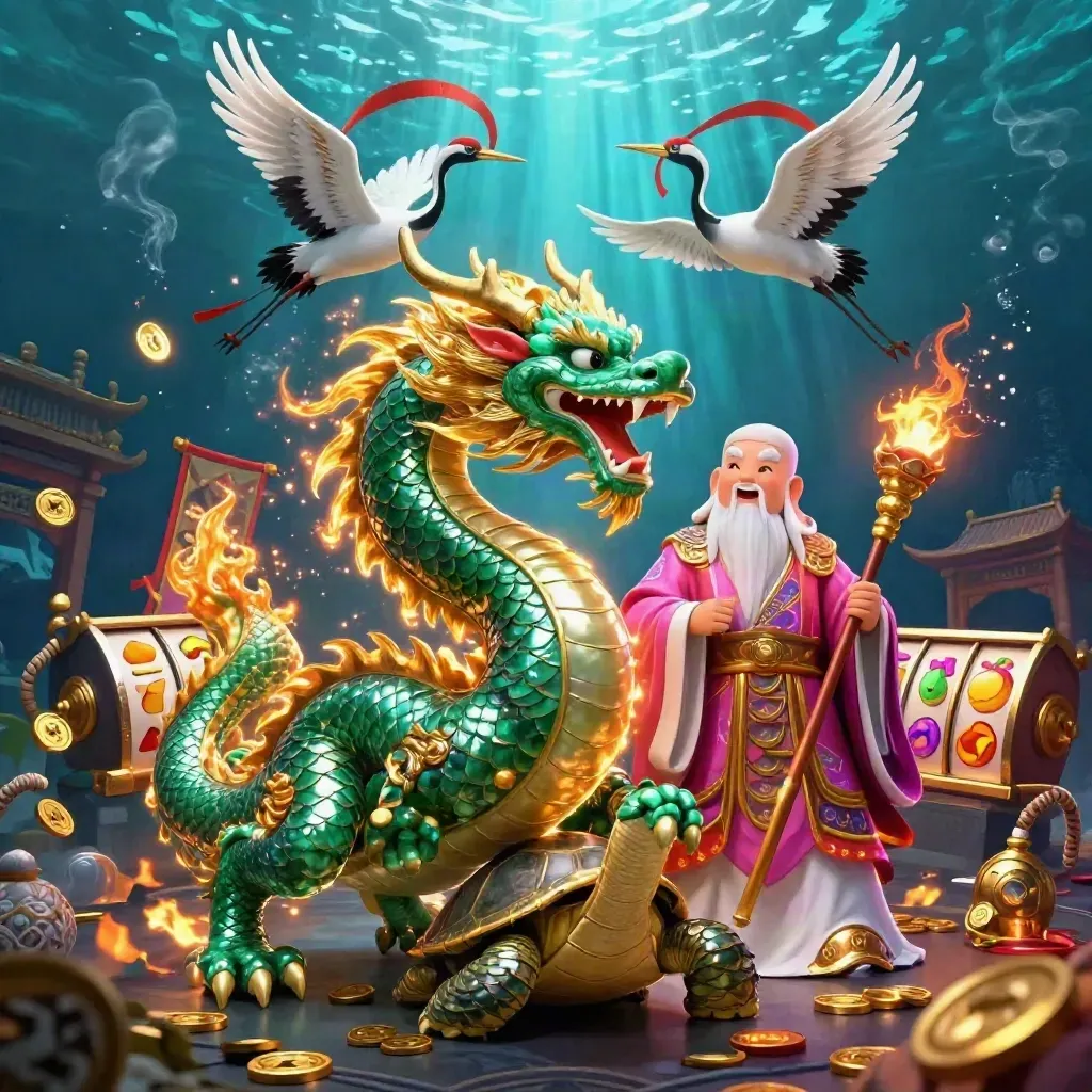 Emerald dragon, turtle sage, and ribboned cranes in a neon casino battle scene with temple gate