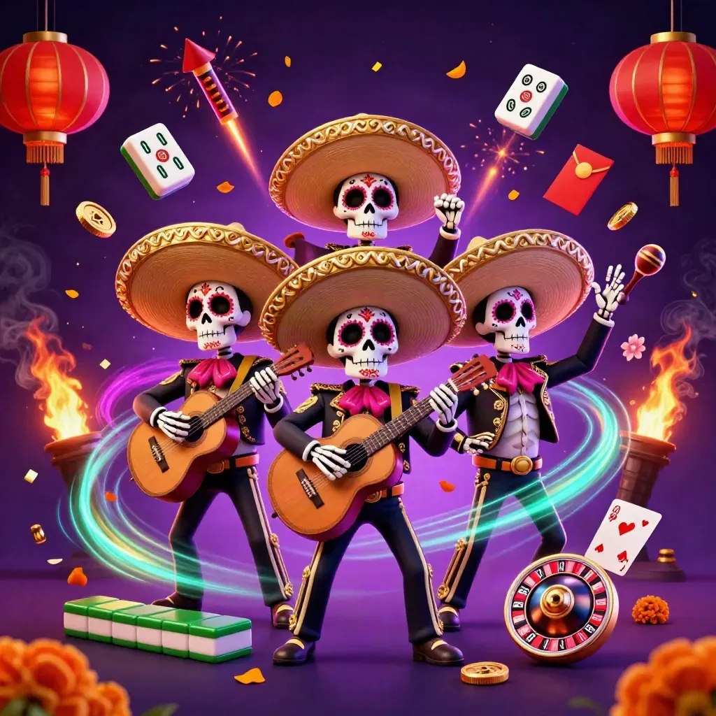 Skeleton mariachi trio amid casino tiles, lanterns, coins, fireworks, and neon sparks.