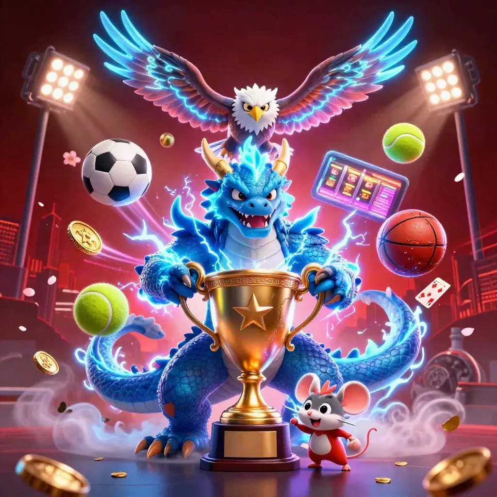 Thunder dragon, wind hawk and static mouse amid casino rewards, neon lights and flying sports balls.