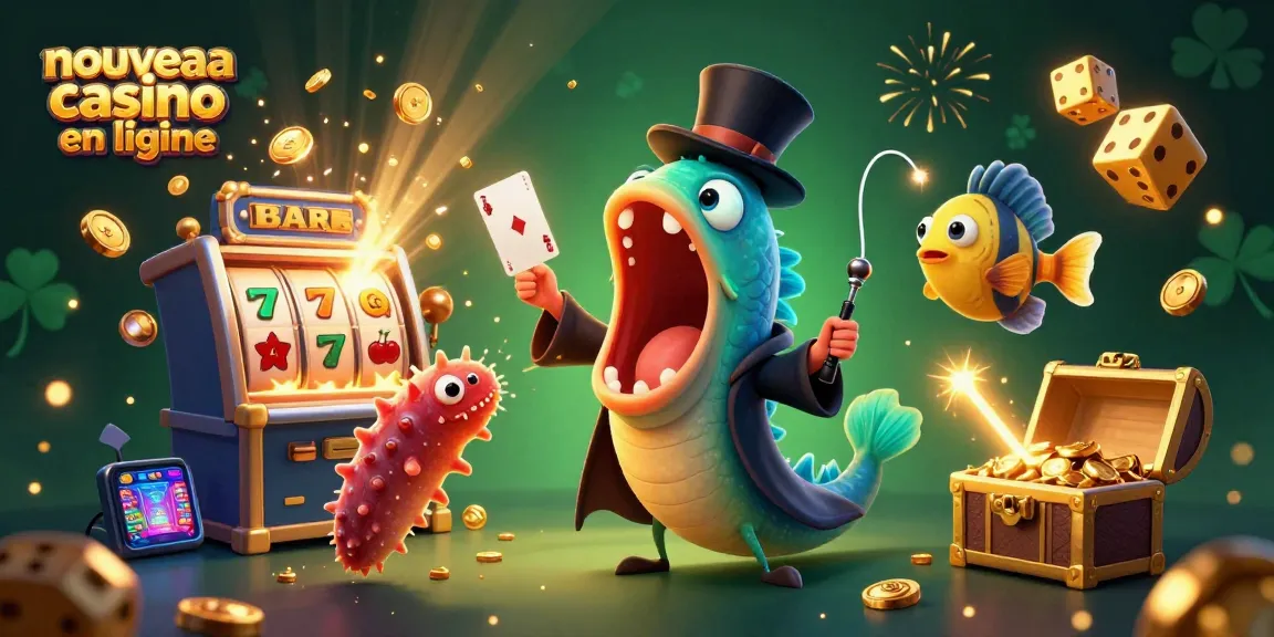 Illustration dynamique d'un nouveau casino en ligne avec un poisson-grenouille et une anguille, offrant des jeux captivants.