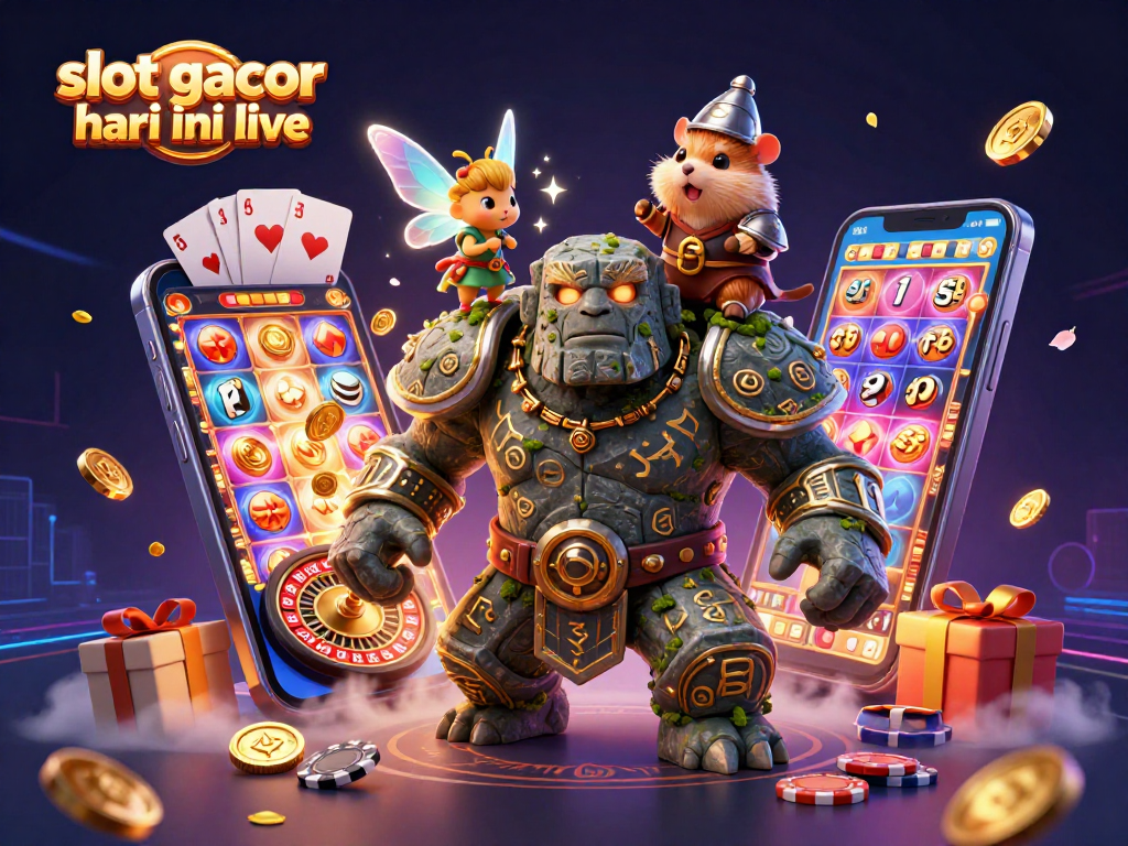 Menangkan slot gacor hari ini live dengan ilustrasi yang menampilkan golem penjaga, peri, dan ksatria hamster.