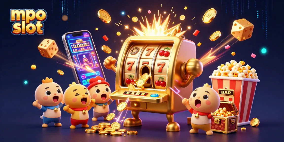 Spin the mpo slot with a golden slot machine celebrating a jackpot win surrounded by joyful mini slots and coins.