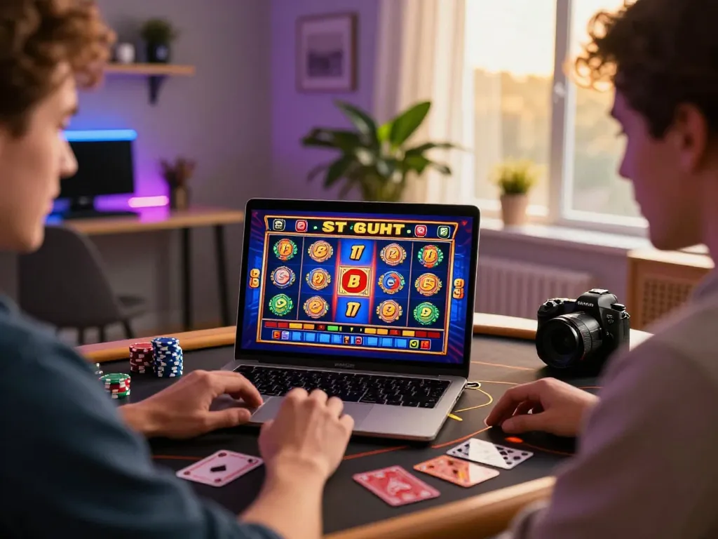 Pemain menikmati permainan situs slot di lingkungan kasino online yang cerah dengan dekorasi modern dan lampu neon.