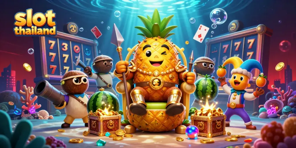 Experience the excitement of slot thailand with a vibrant 3D illustration of a golden pineapple king surrounded by colorful casino elements.