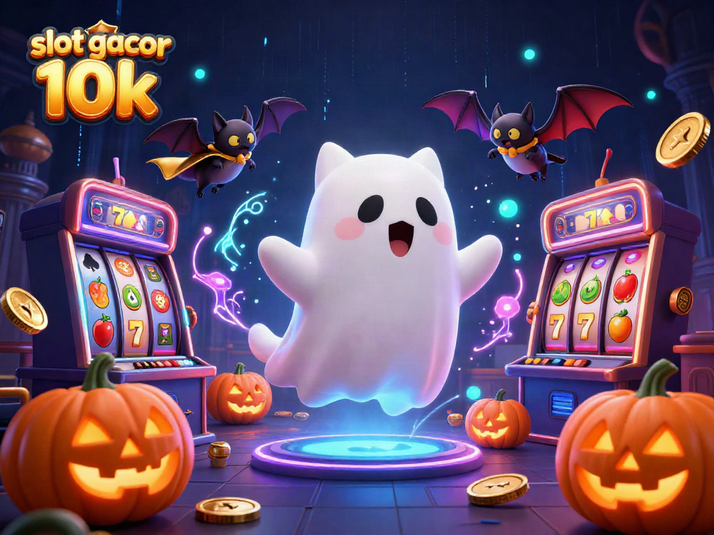 Engage with energetic slot gacor 10k gaming action featuring a friendly ghost cat and dynamic symbols.