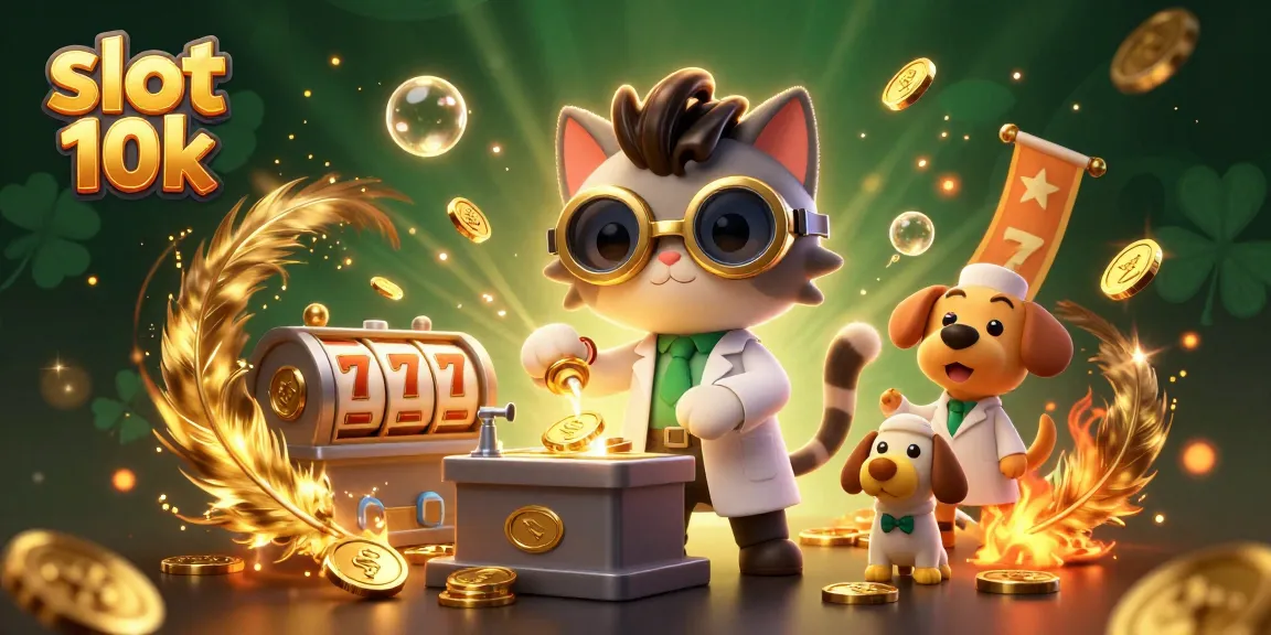 Spin the reels at slot 10k with the mad scientist cat in a vibrant, energetic casino scene.
