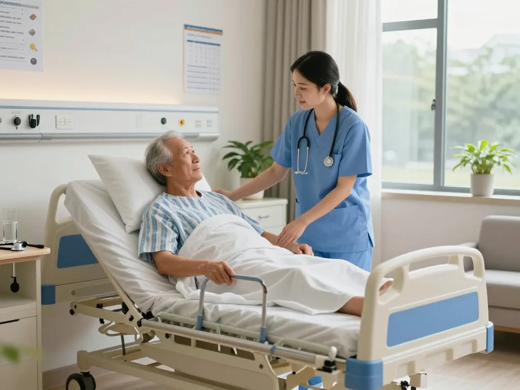 Comfortable giường bệnh nhân setup with caregiver assisting a senior patient, showcasing modern healthcare equipment and a supportive atmosphere.