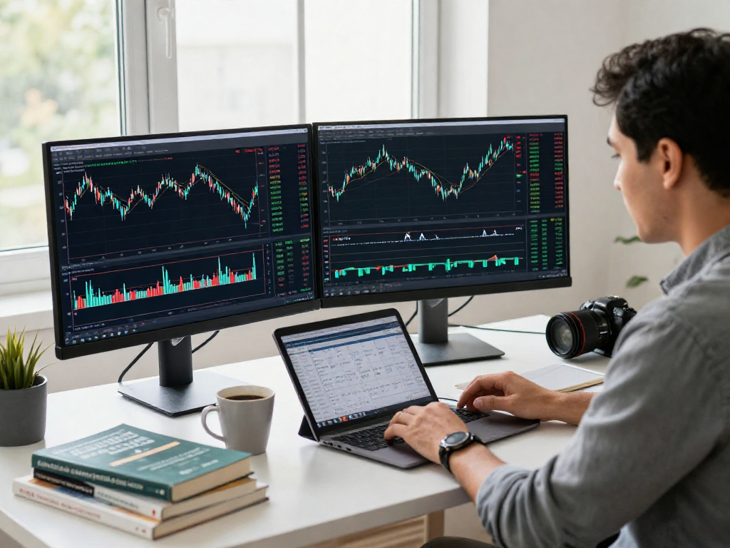Trader analyzing multiple charts on MetaTrader 5 in a modern office.