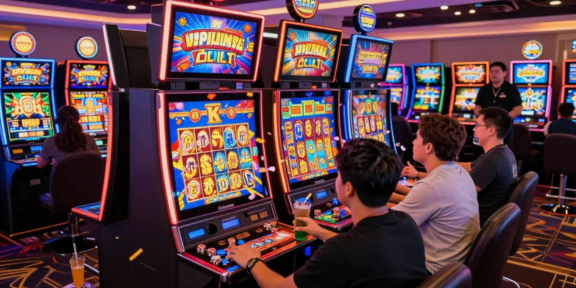 Exciting slot gaming scene with diverse players enjoying dynamic machines and winning moments.