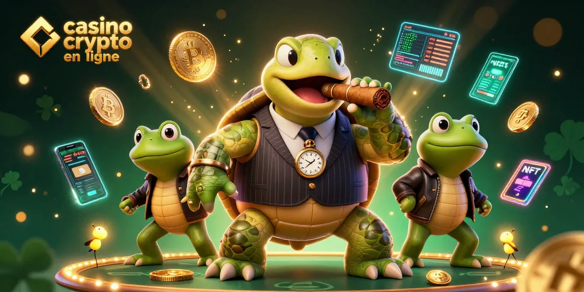 Plongez dans l'univers du casino crypto en ligne avec des personnages animés jouant au poker autour de pièces Bitcoin.