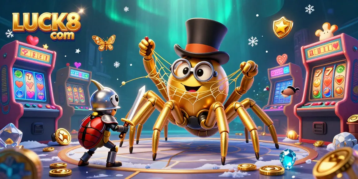Engage in the thrilling atmosphere of LUCK8 com with a golden tarantula weaving a web amidst vibrant casino games.