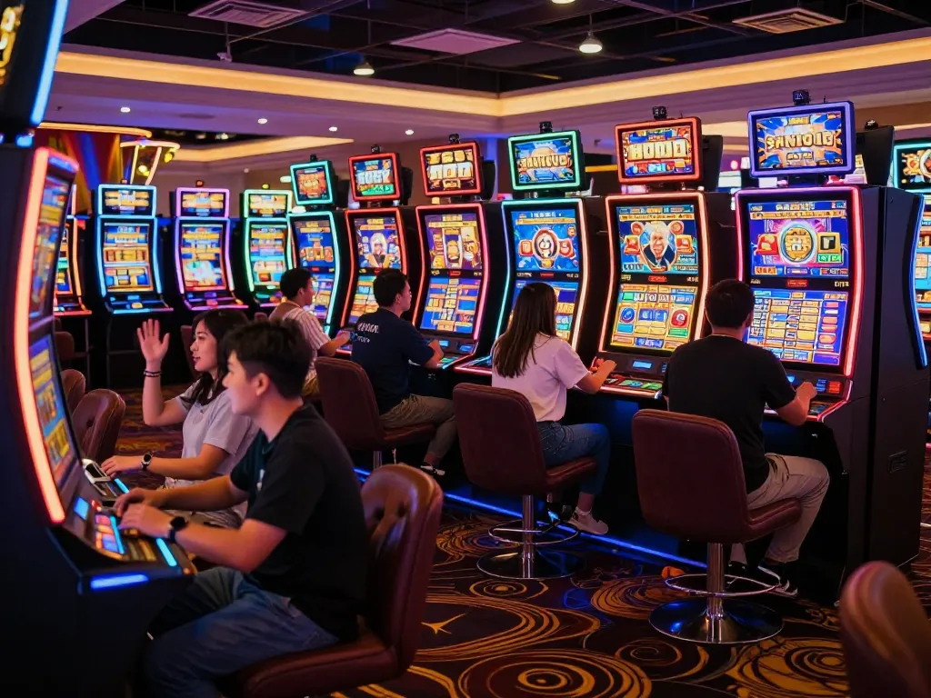 Players enjoying games at a situs gacor with vibrant slot machines and festive lighting.