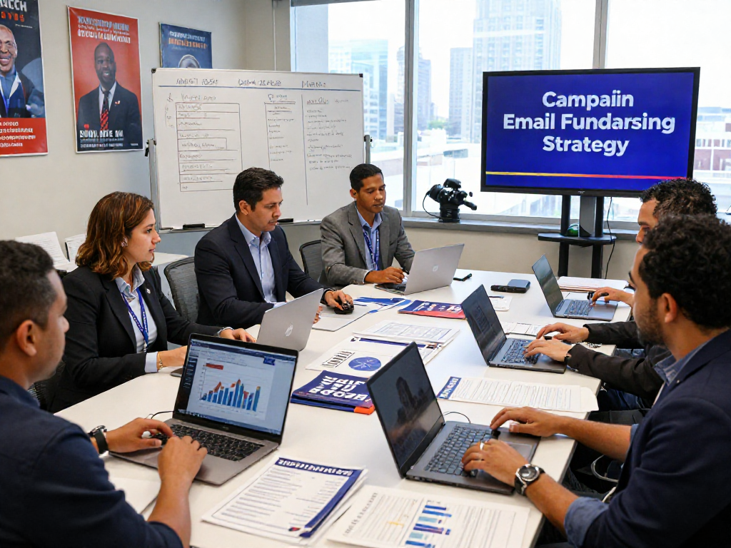 Engaged team strategizing campaign email fundraising in a vibrant political office setting
