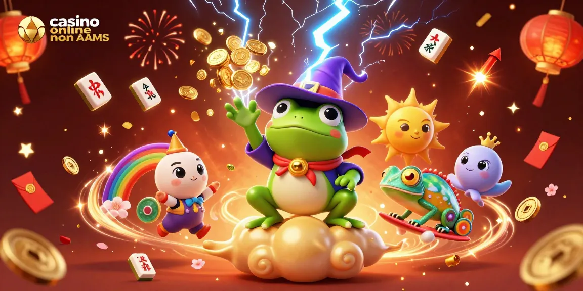 Casino online non AAMS con divertenti personaggi in un mondo di giochi e monete d'oro.