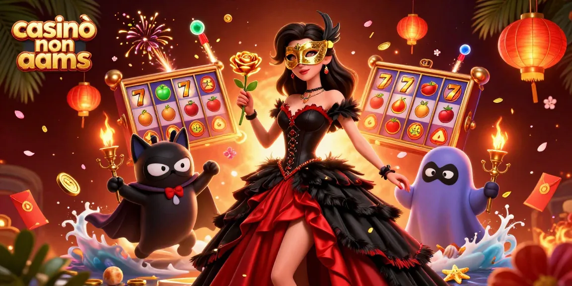 Scena di casinò non aams con una signora in abito drammatico in mezzo a un vortice di slot e elementi festivi.