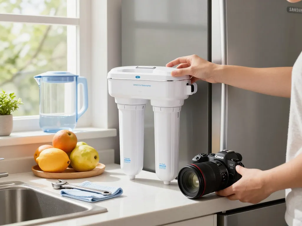 Installing the Waterdrop Replacement for Samsung DA29-00003G filter in a bright kitchen, showcasing easy home maintenance.