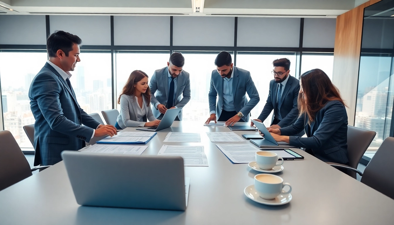 Collaborative contract management discussion in a modern office environment with a diverse team.