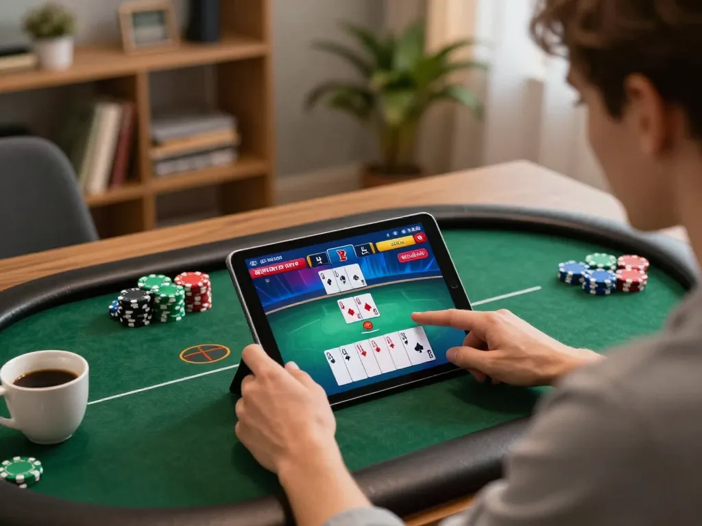 Engaged player analyzing strategies for hitclubapk in a lively online poker game.
