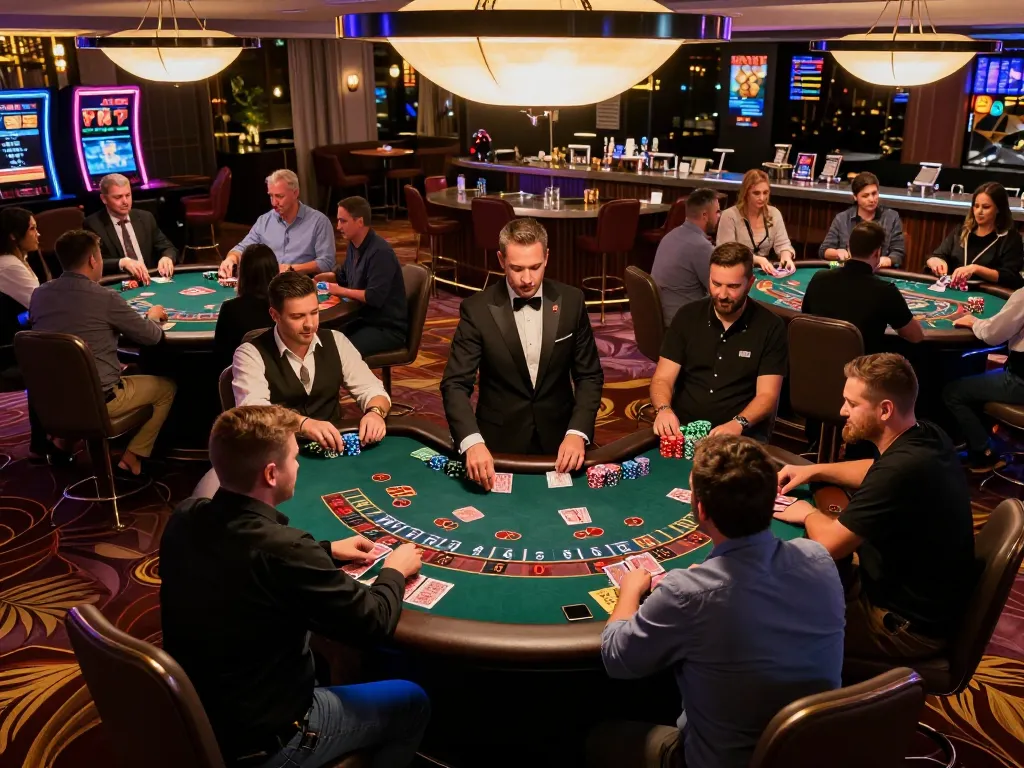 Experience hitclubapk action at a luxurious casino with players engaged in blackjack, vibrant lights enhancing the excitement.