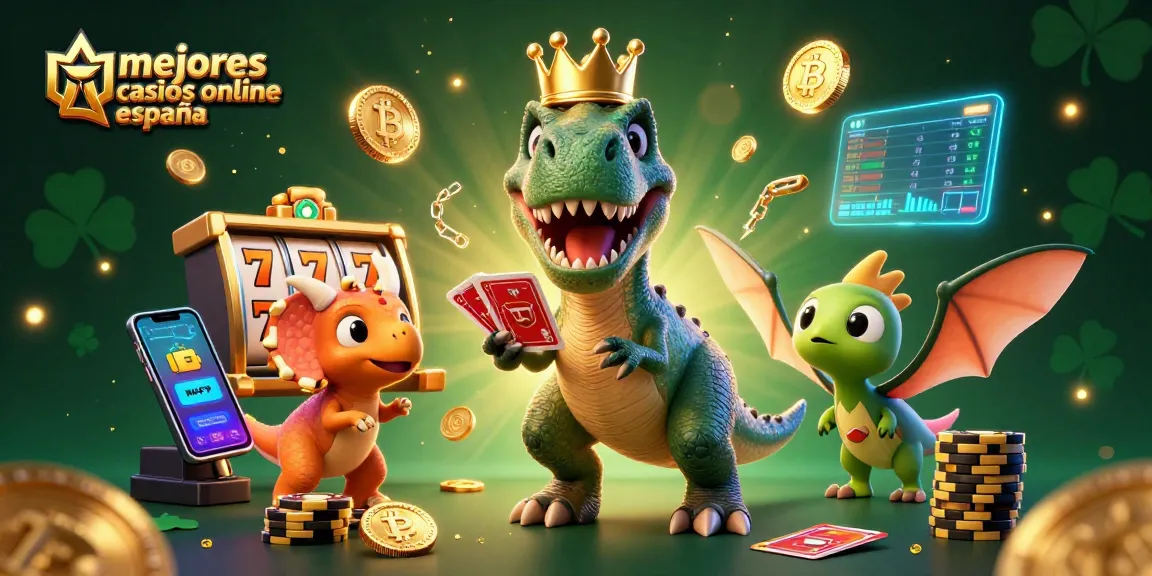 Disfruta de los mejores casinos online España en una escena animada con un T-Rex y un triceratops.