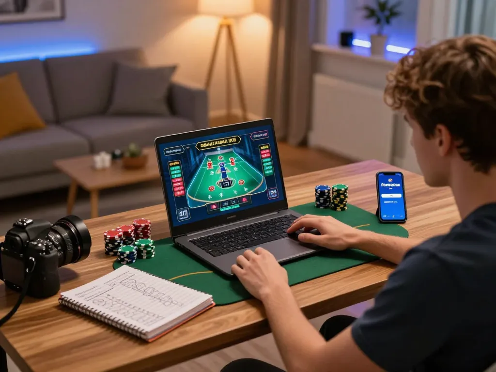 Engaging with Fun88 com online casino on a laptop at home, highlighting strategy and enjoyment.